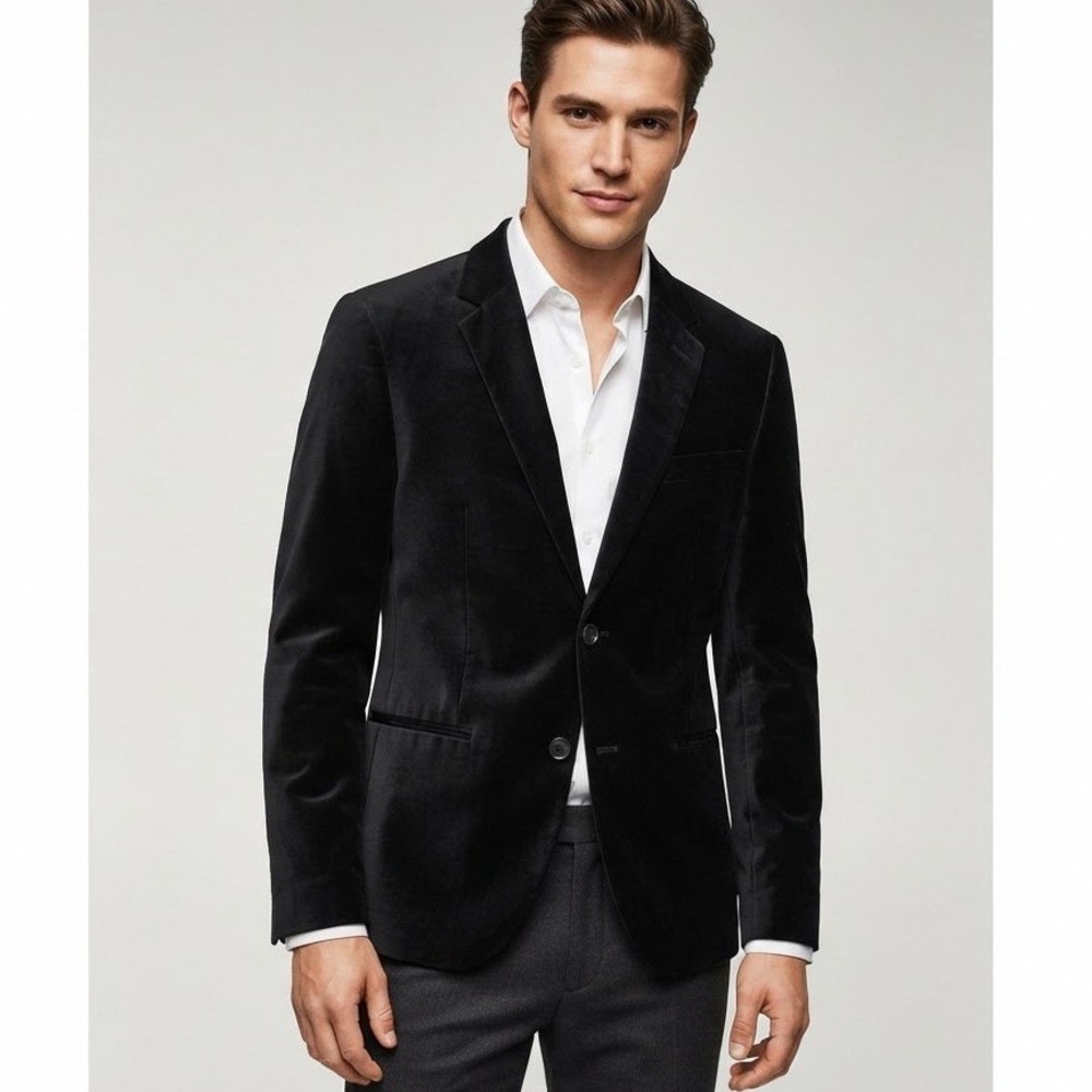 H&M Velvet Blazer Mens 36R Black Formal Slim Fit Goth Dark Academia Grad Event